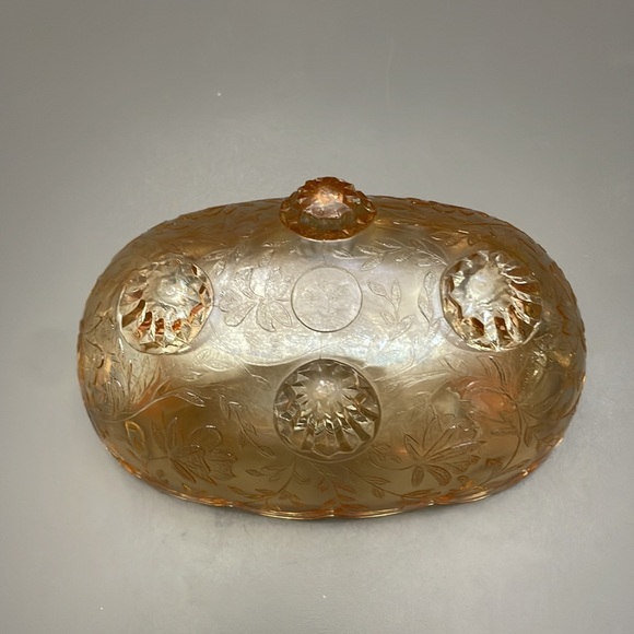 VINTAGE Amber Marigold Luster Carnival Glass Footed Oval Candy Dish iridescent - Picture 4 of 7